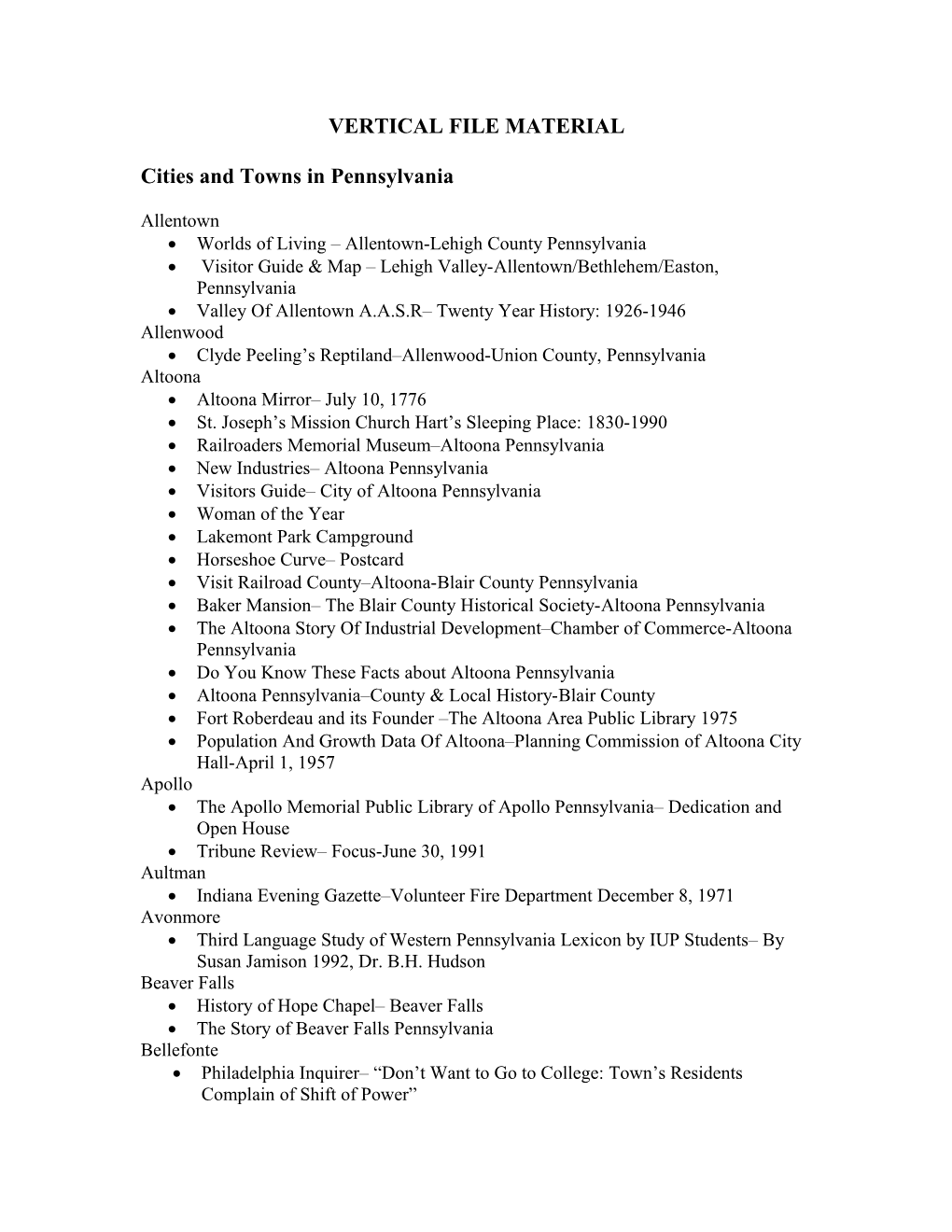 Vertical File: Cities and Towns