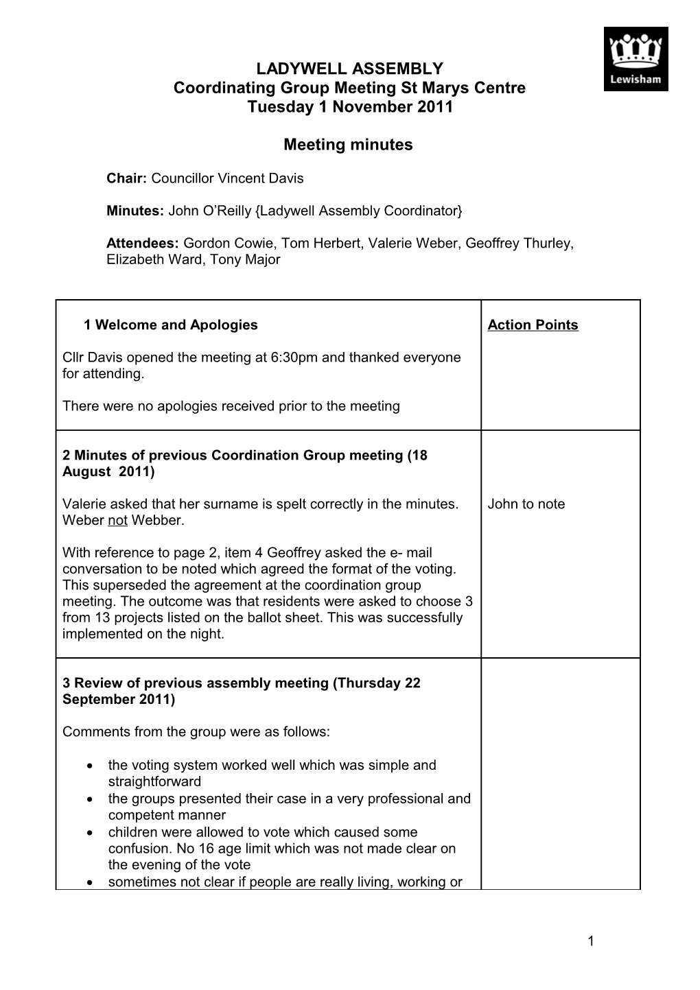 Ladywell Assembly Coordinating Group 01 November 2011