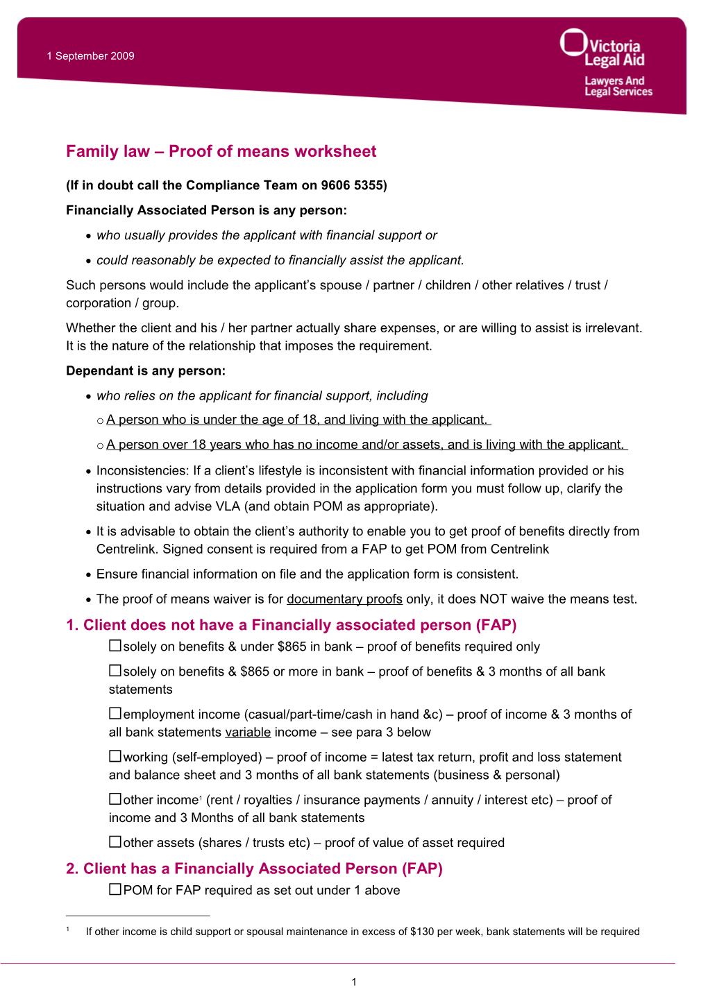 Family Law Proof of Means Worksheet