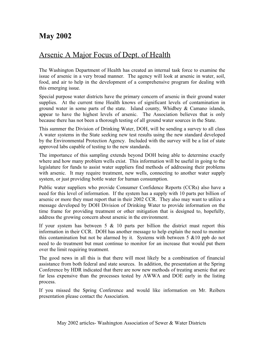 Arsenic a Major Focus of Dept. of Health