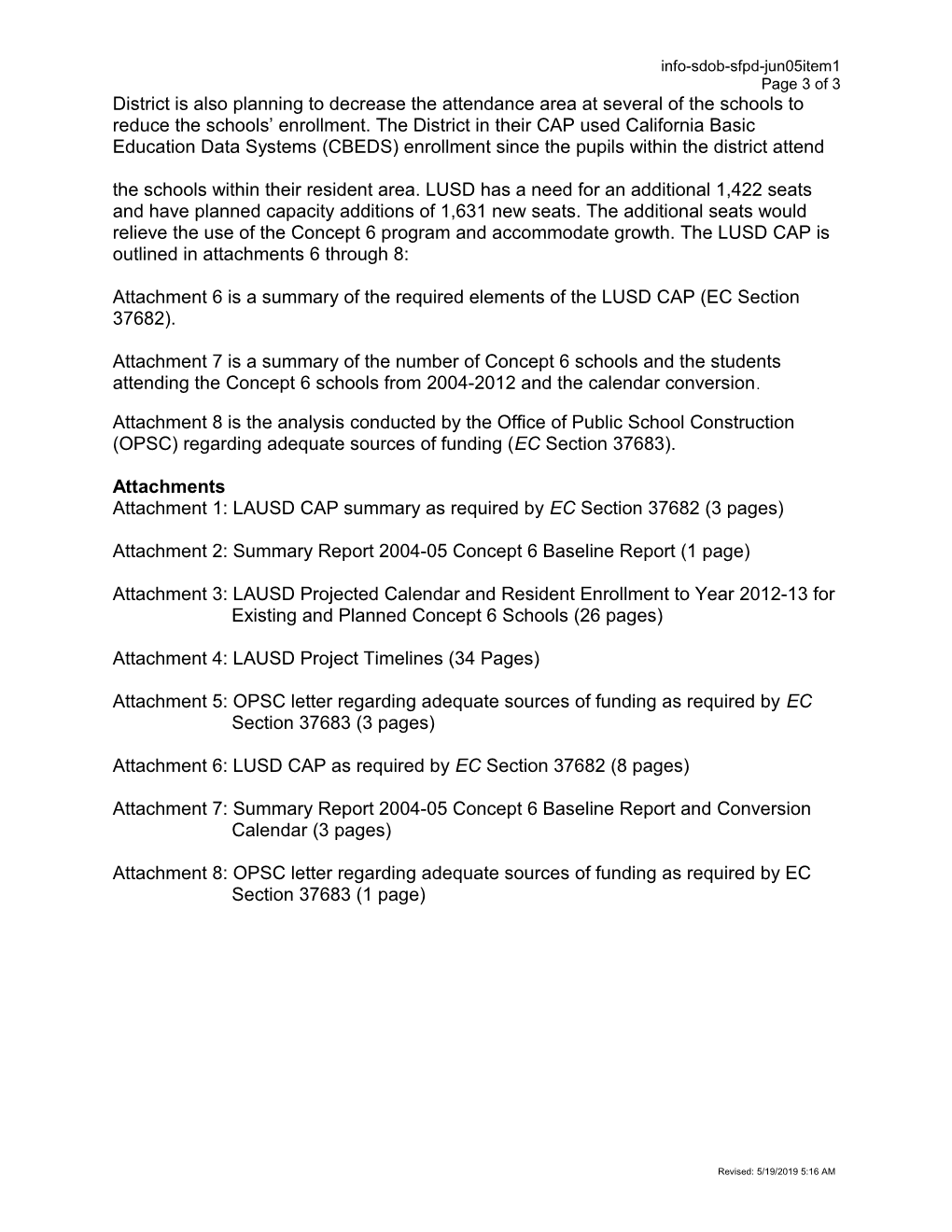 June 2005 SDOB-SFPD Item 01 - Information Memorandum (CA State Board of Education)