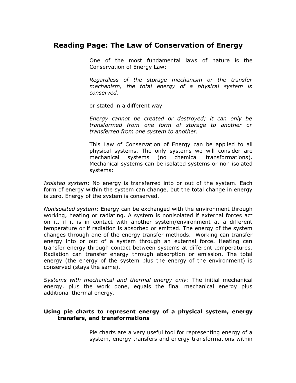 Reading Page: the Law of Conservation of Energy