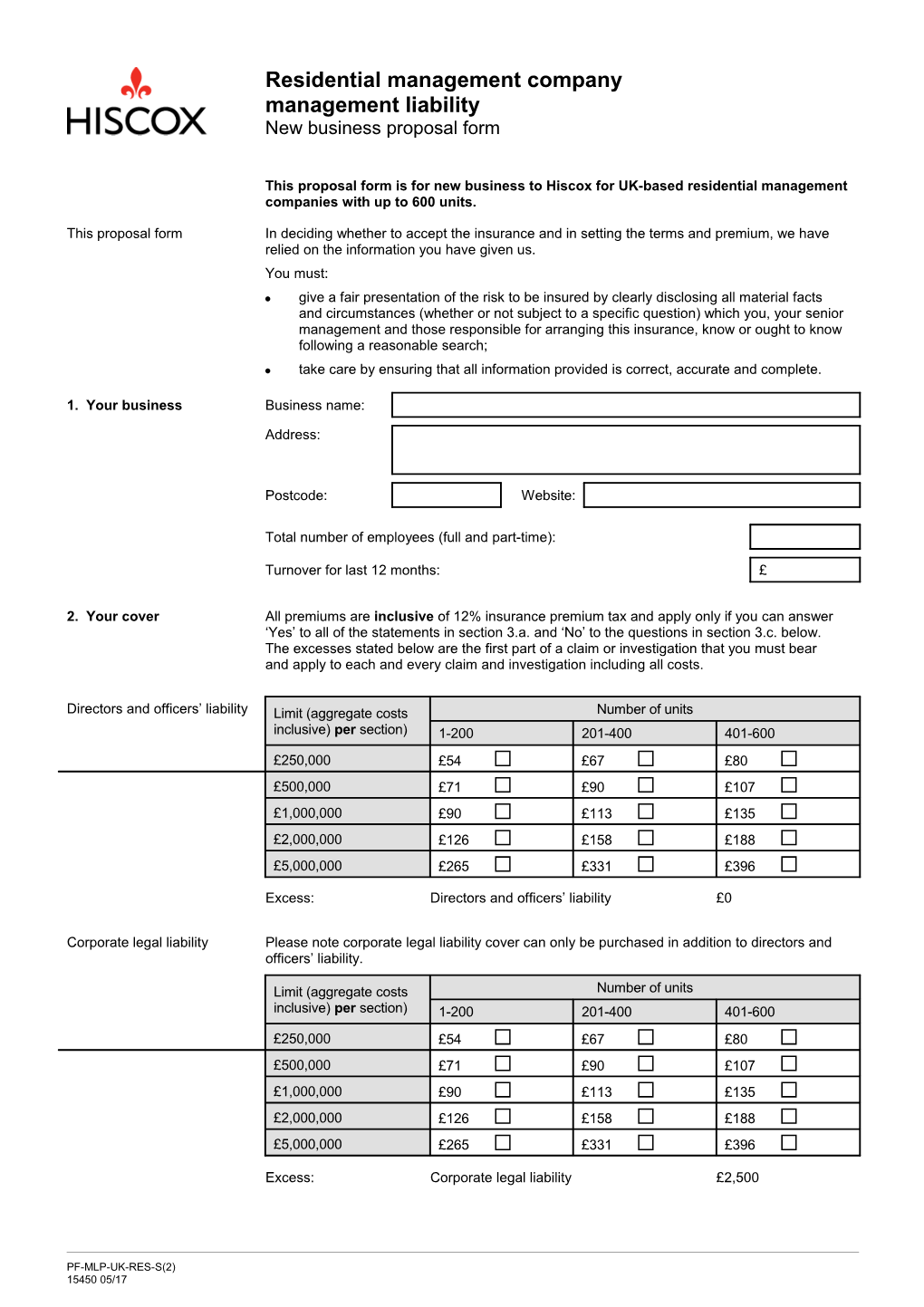 Residential Management Company - MLP New Business Proposal Form