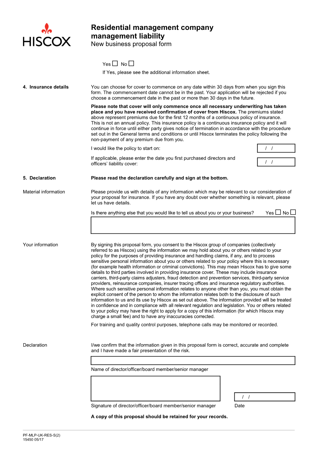 Residential Management Company - MLP New Business Proposal Form