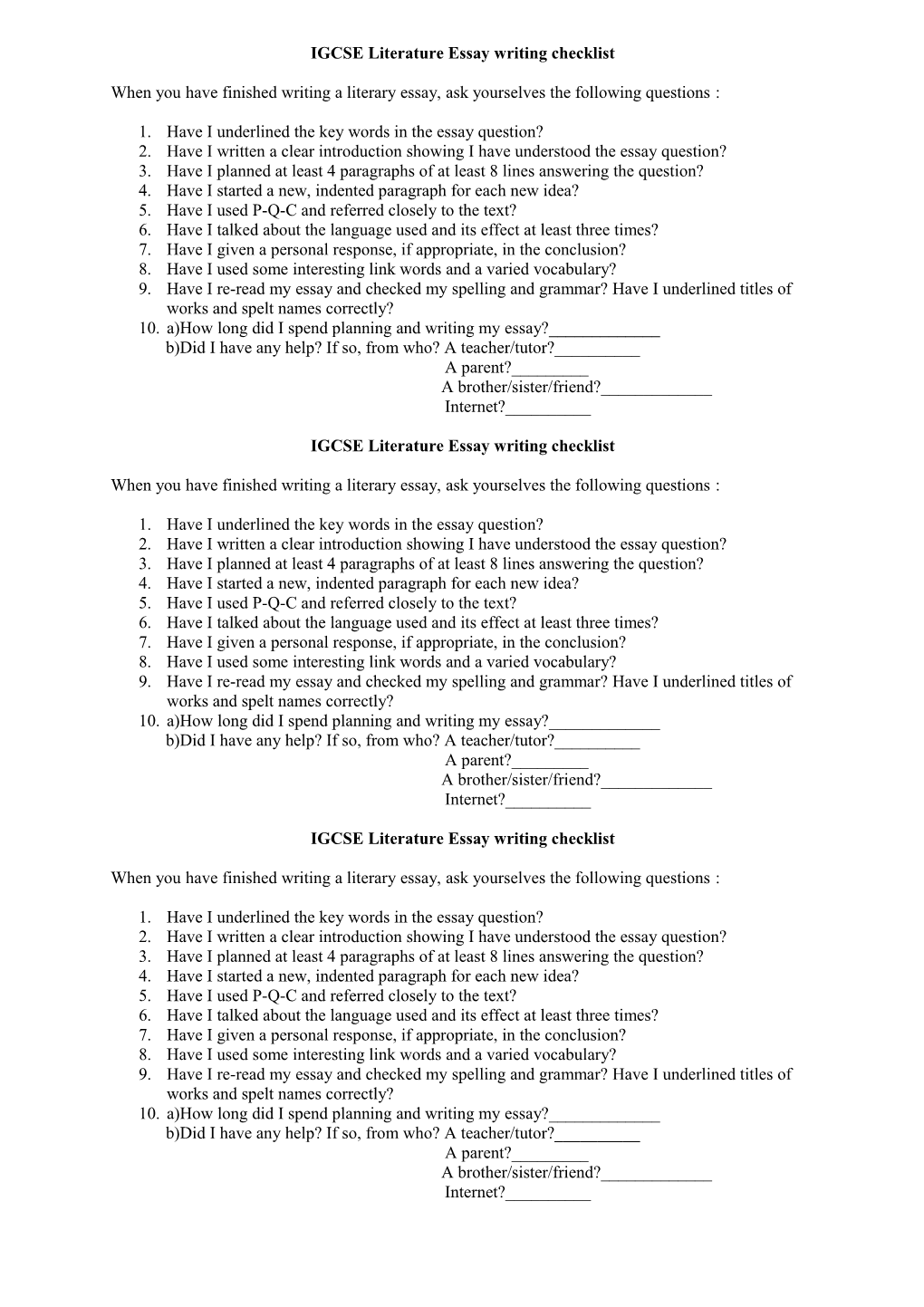 IGCSE Literature Essay Writing Checklist