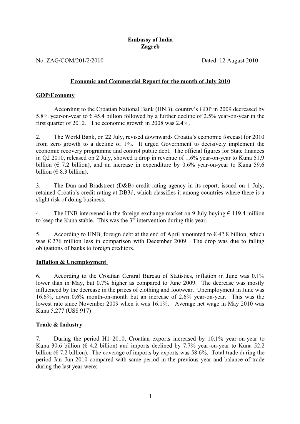 Economic and Commercial Report for the Month of July 2010