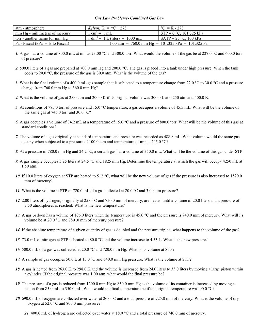 Gas Law Problems- Combined Gas Law