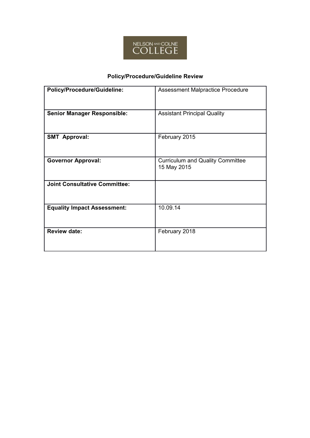 Policy/Procedure/Guideline Review