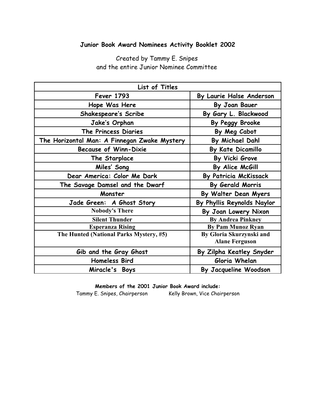 Junior Book Award Nominees Activity Booklet 2002