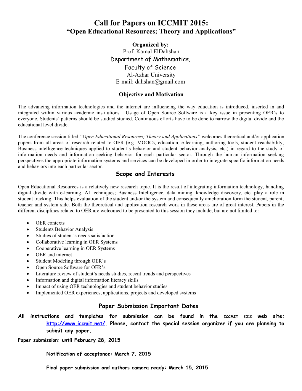 Call for Papers on ICCMIT 2015