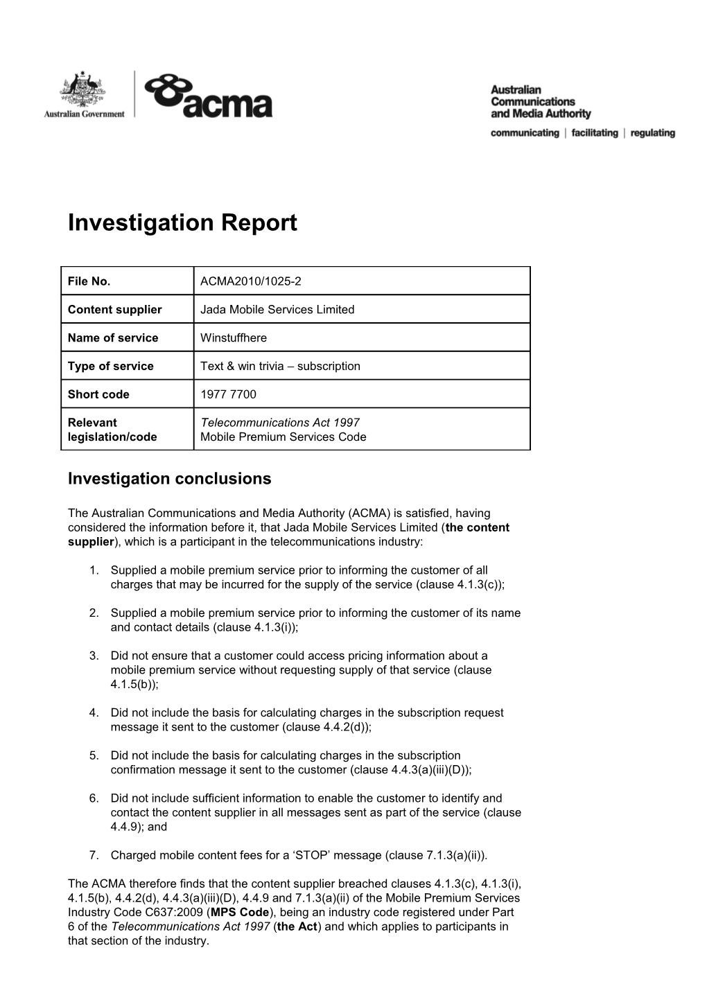 Jada Mobile Svces Ltd - Telecomms Investigation Report