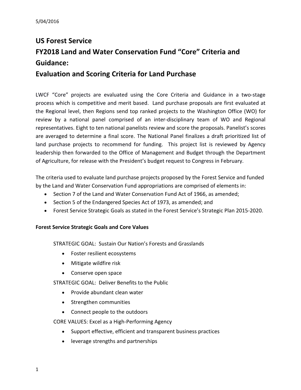 Fy2018land and Water Conservation Fund Core Criteria and Guidance