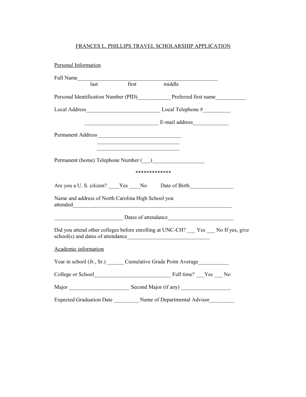Frances L. Phillips Travel Scholarship Application