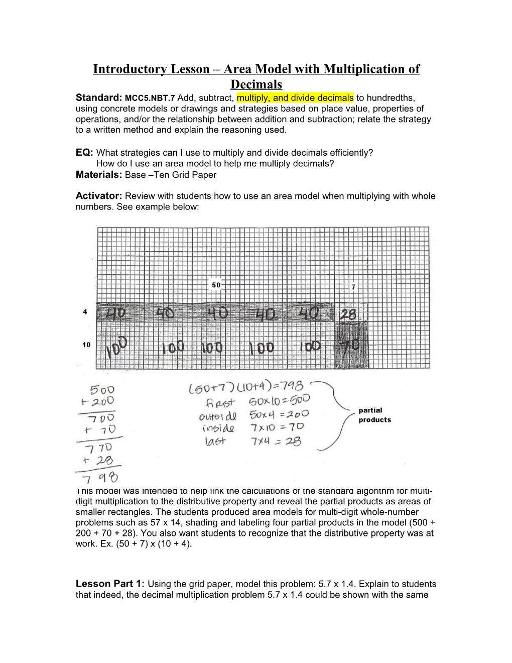 Introductory Lesson Area Model with Multiplication of Decimals