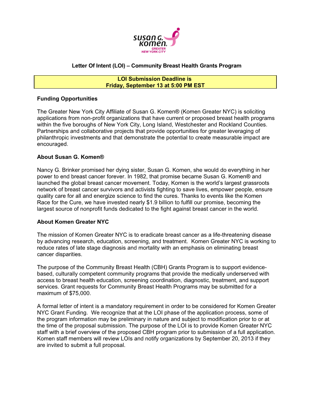 Letter of Intent (LOI) Community Breast Health Grants Program