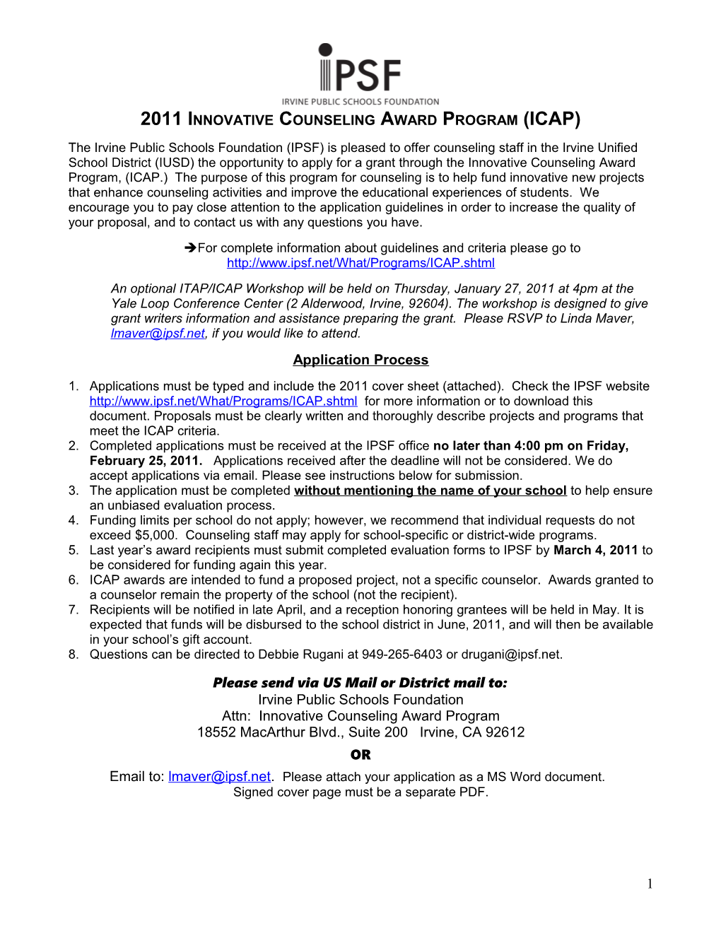 2011 Innovative Counseling Award Program (ICAP)