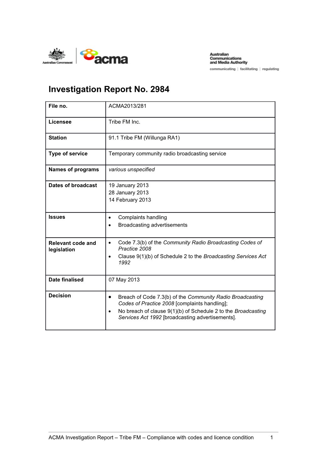 91.1 Tribe FM - ACMA Investigation Report 2984