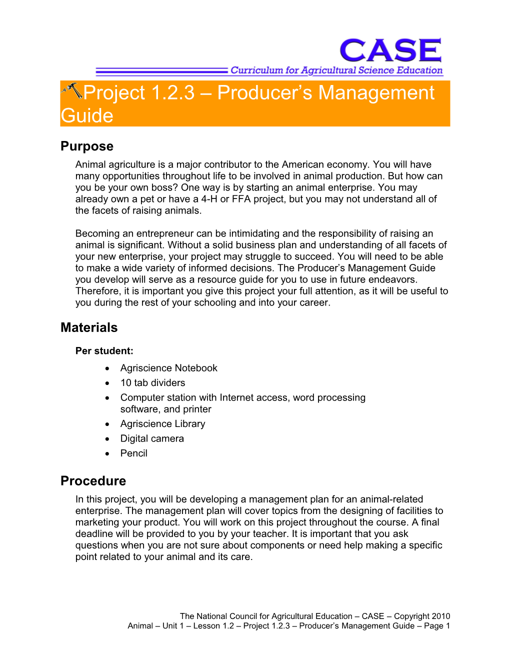 Project 1.2.3 Producer's Management Guide