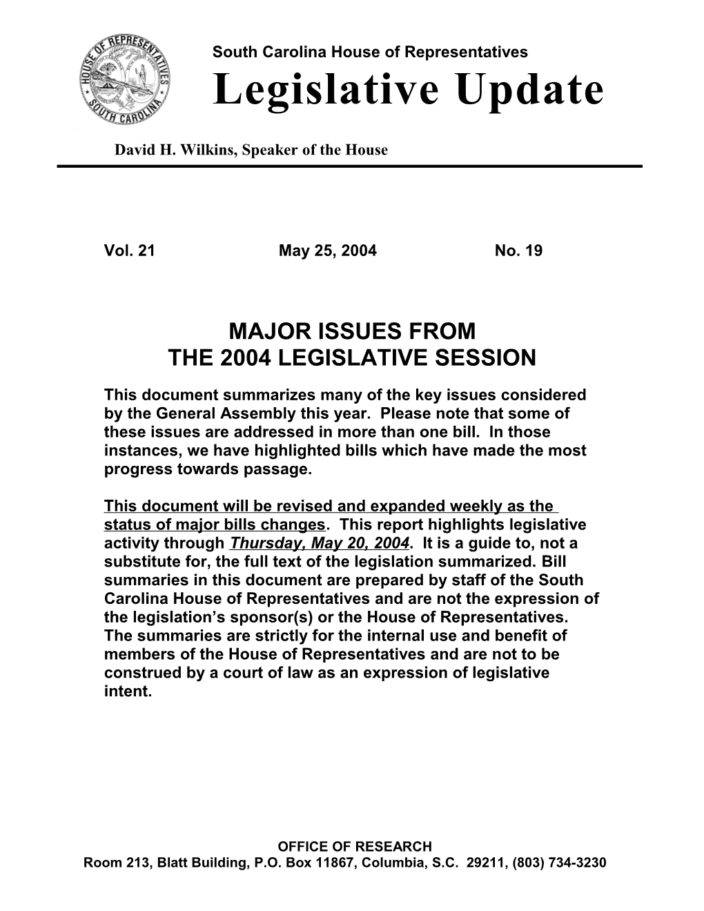Legislative Update - Vol. 21 No. 19 May 25, 2004 - South Carolina Legislature Online