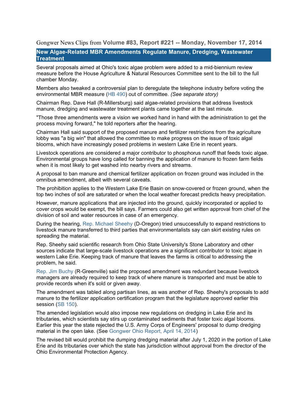 New Algae-Related MBR Amendments Regulate Manure, Dredging, Wastewater Treatment