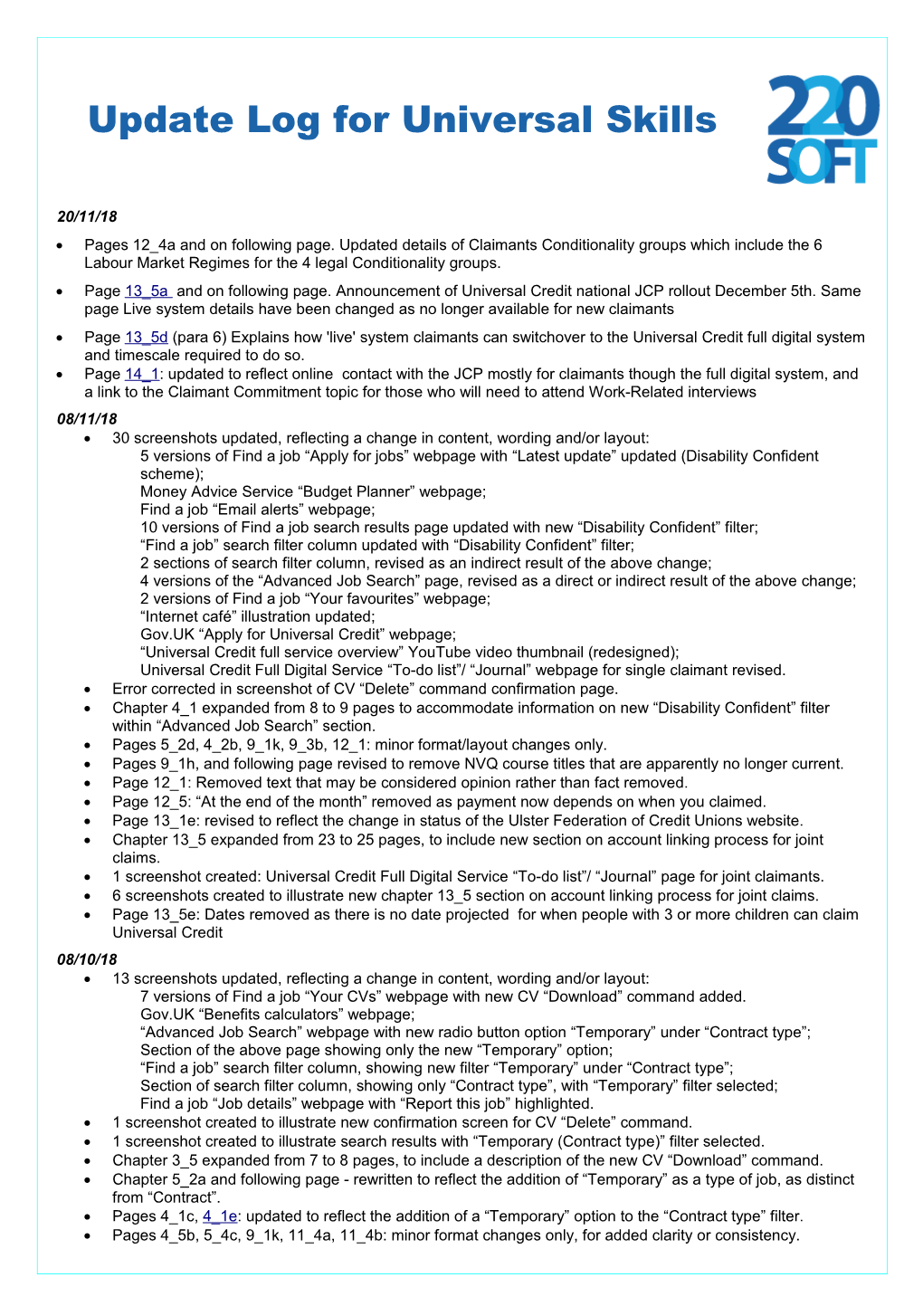 Update Log for Universal Jobmatch Awareness and Universal Credit Awareness