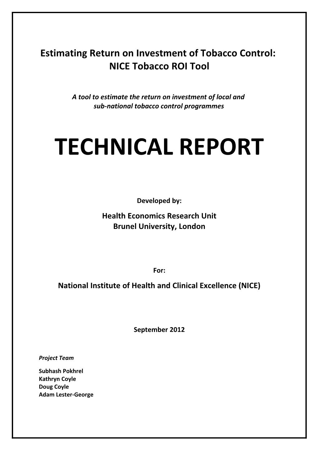 Estimating Return on Investment of Tobacco Control: NICE Tobacco ROI Tool