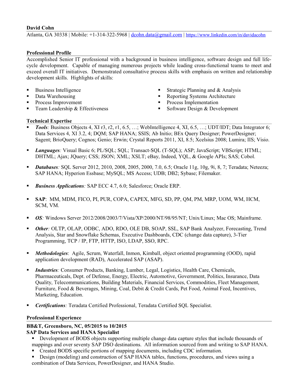 Resume of David Cohn