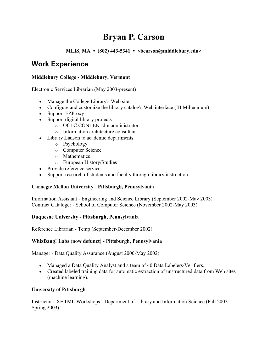 Bryan P Carson CV