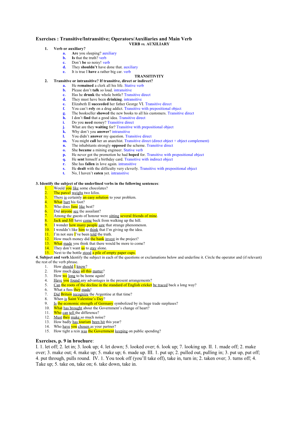 Exercises : Transitive/Intransitive; Operators/Auxiliaries and Main Verb