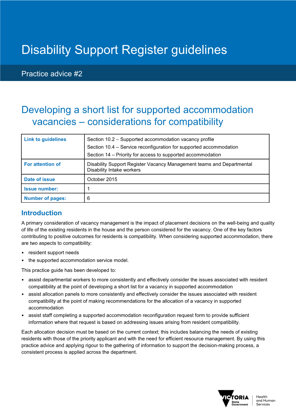 Practice Advice #2 - Developing a Short List for Supported Accommodation Vacancies