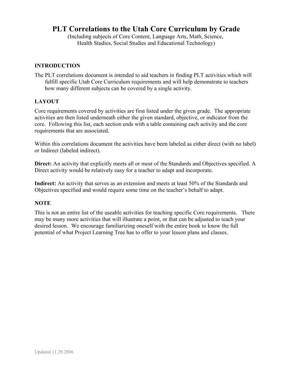 PLT Correlations to the Utah Core Curriculum by Grade