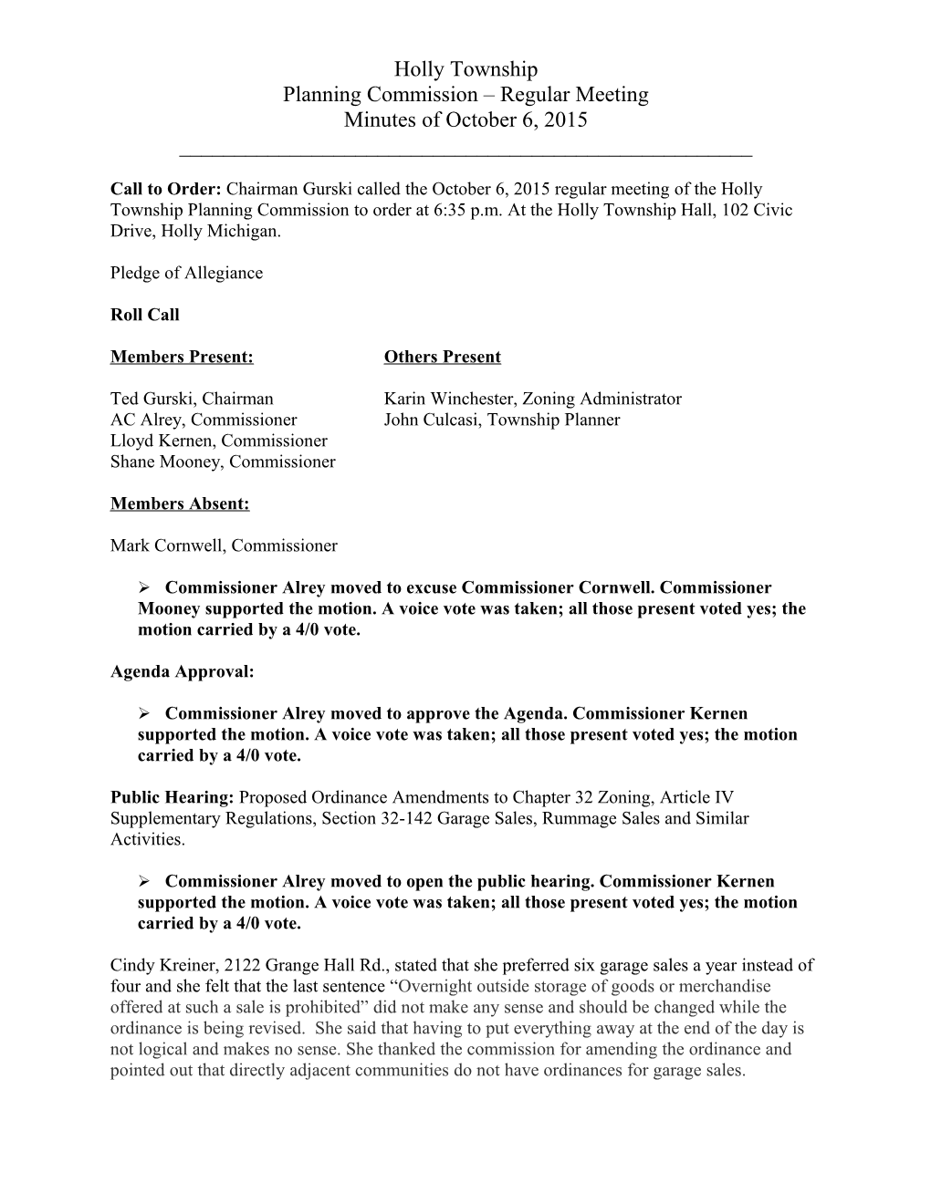 Holly Township Planning Commission Regular Meeting Minutes October 6, 2015Page 1 of 3