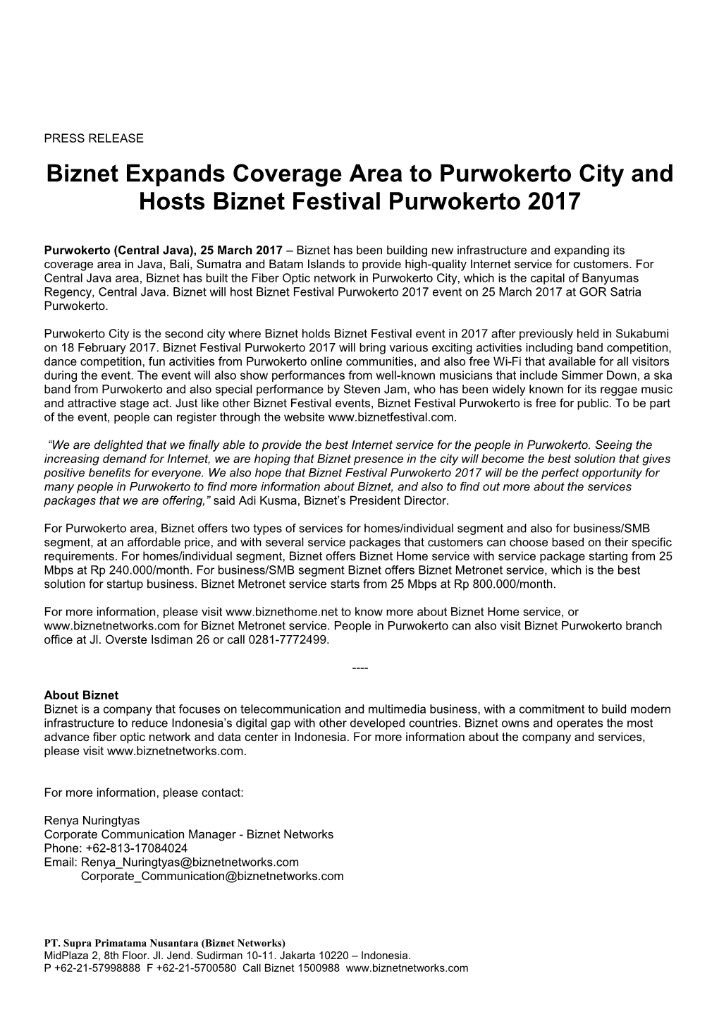 Biznet Expands Coverage Area to Purwokerto City and Hosts Biznet Festival Purwokerto 2017