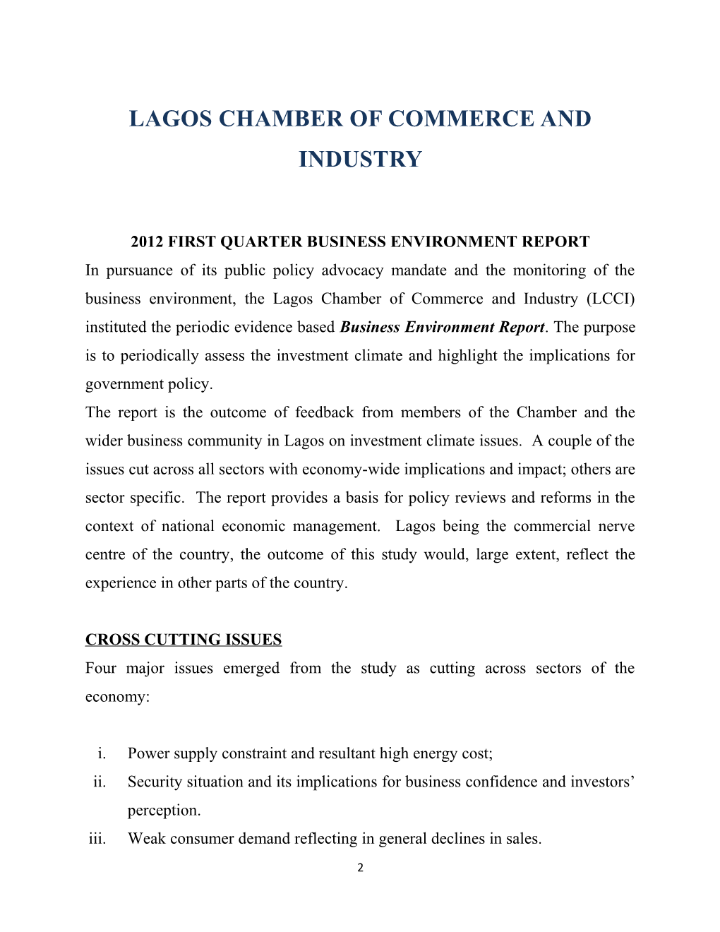 2012 First Quarter Business Environment Report