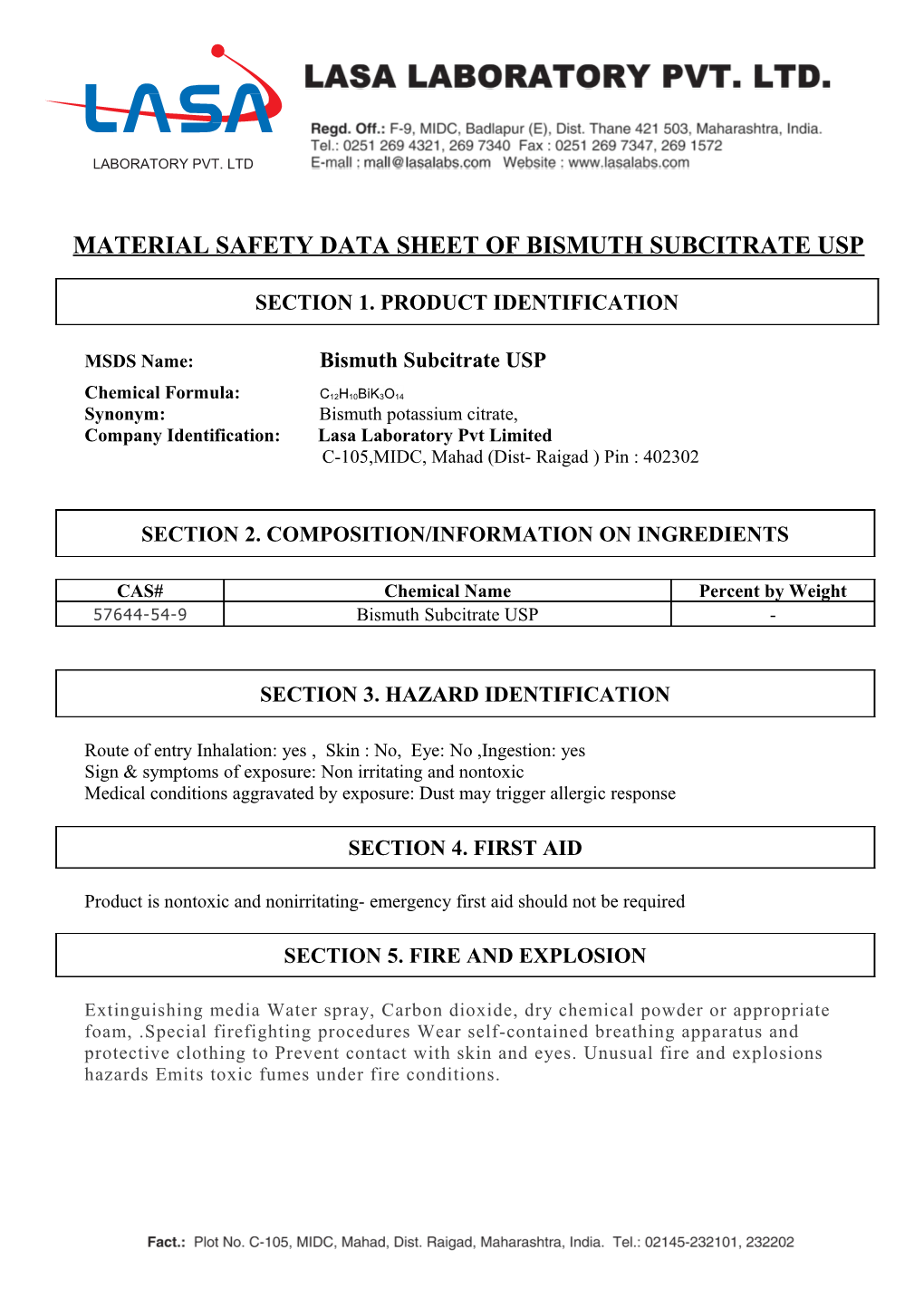 Material Safety Data Sheet of Bismuth Subcitrate Usp