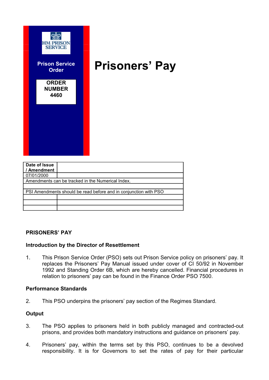 PSO 4460 - Prisoner's Pay
