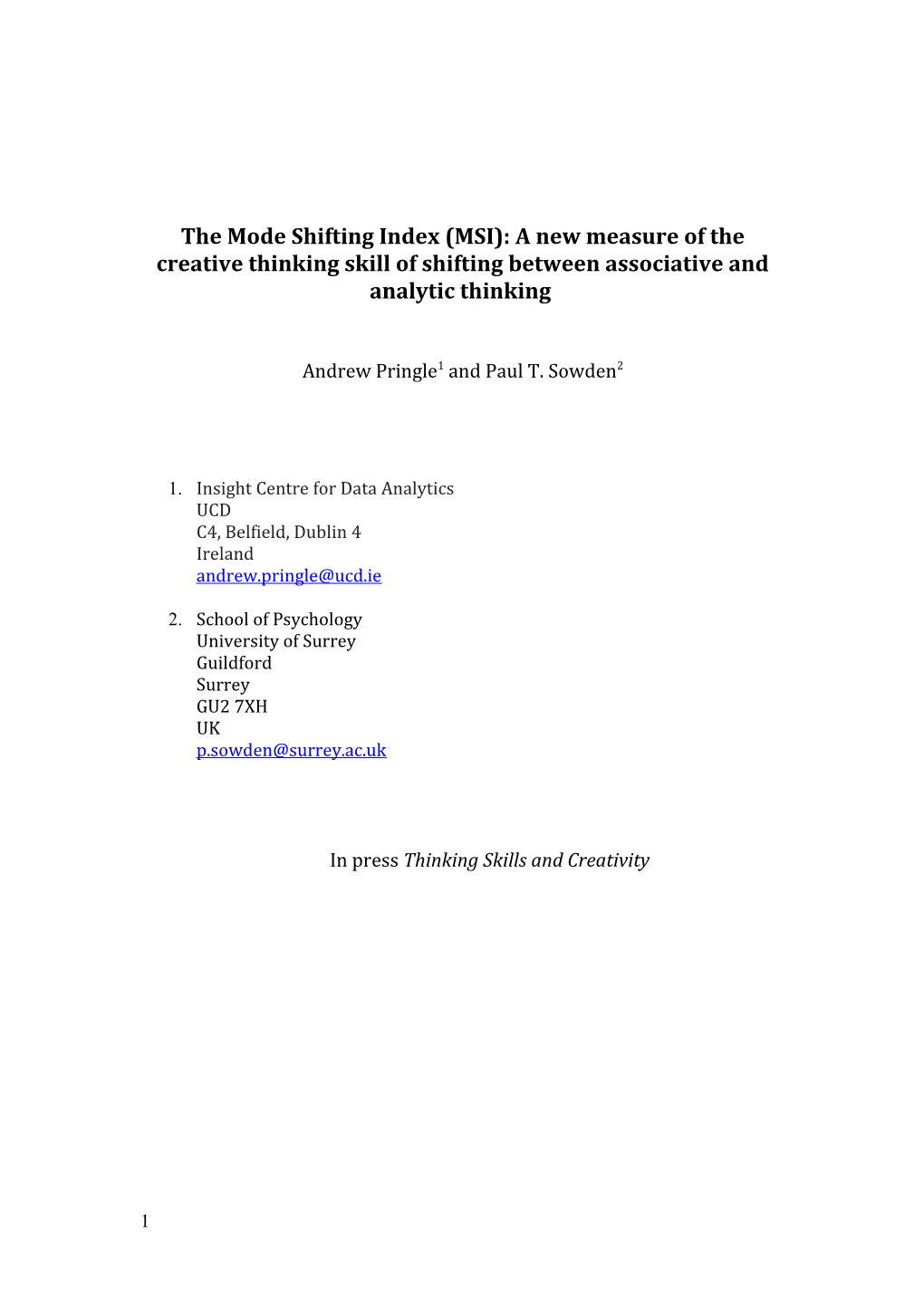 The Mode Shifting Index (MSI): a New Measure of the Creative Thinking Skill of Shifting