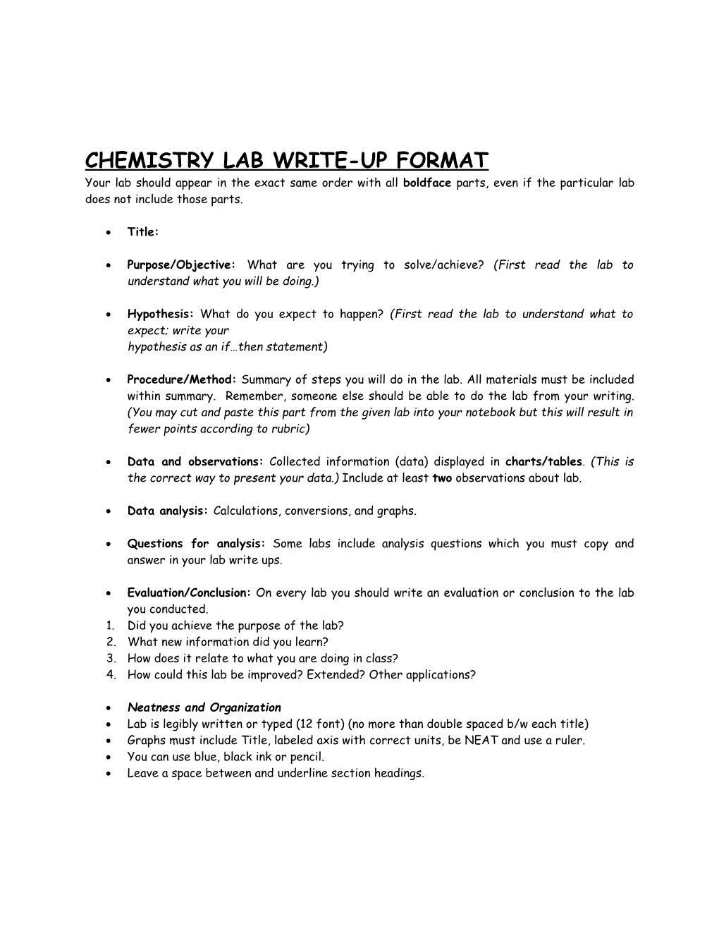 Chemistry Lab Write-Up Format