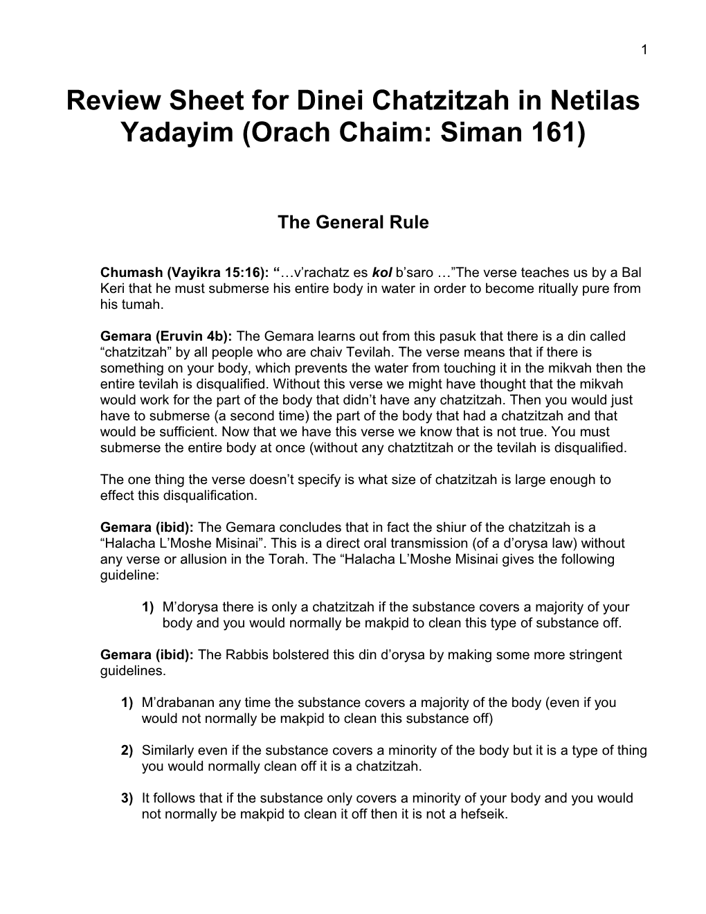 Review Sheet for Dinei Chatzitzah in Netilas Yadayim (Orach Chaim: Siman 161)