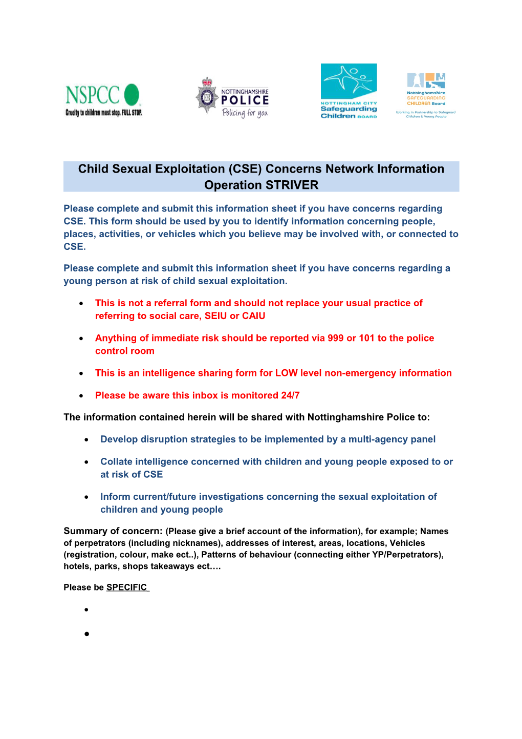 Child Sexual Exploitation (CSE) Concerns Network Information Operation STRIVER