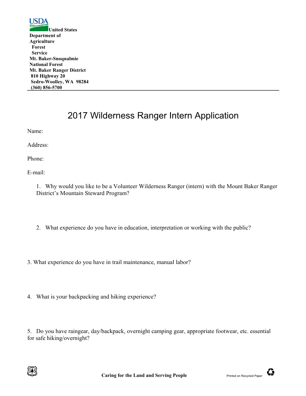 2009 Mountain Stewards Volunteer Application