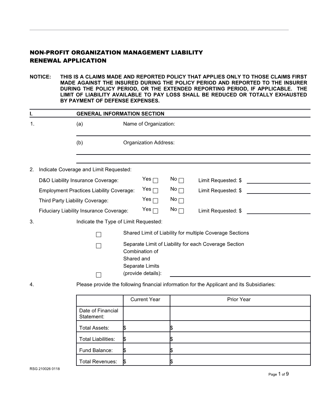 Directors and Officers Liability-Not for Profit Organization Application