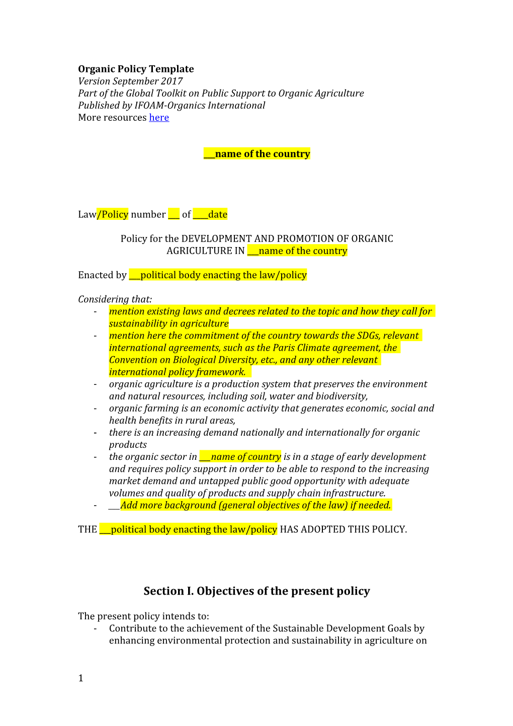 Organic Policy Template