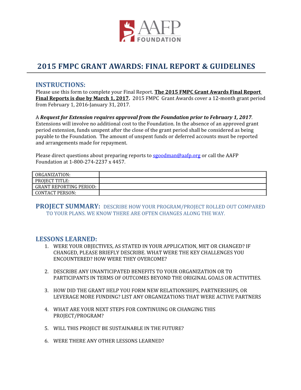 2015 Fmpc Grant Awards: Final Report & Guidelines