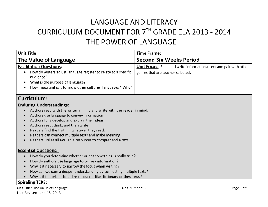 Curriculum Document for 7Th Grade Ela 2013 - 2014