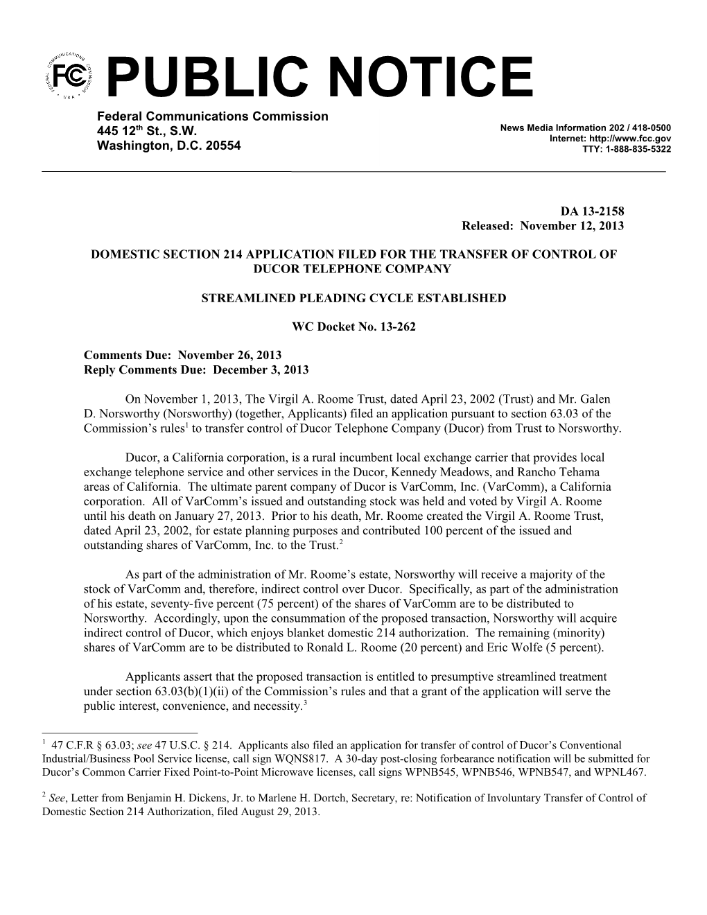 Domestic Section 214 Application Filed for the Transfer of Control of Ducor Telephone Company