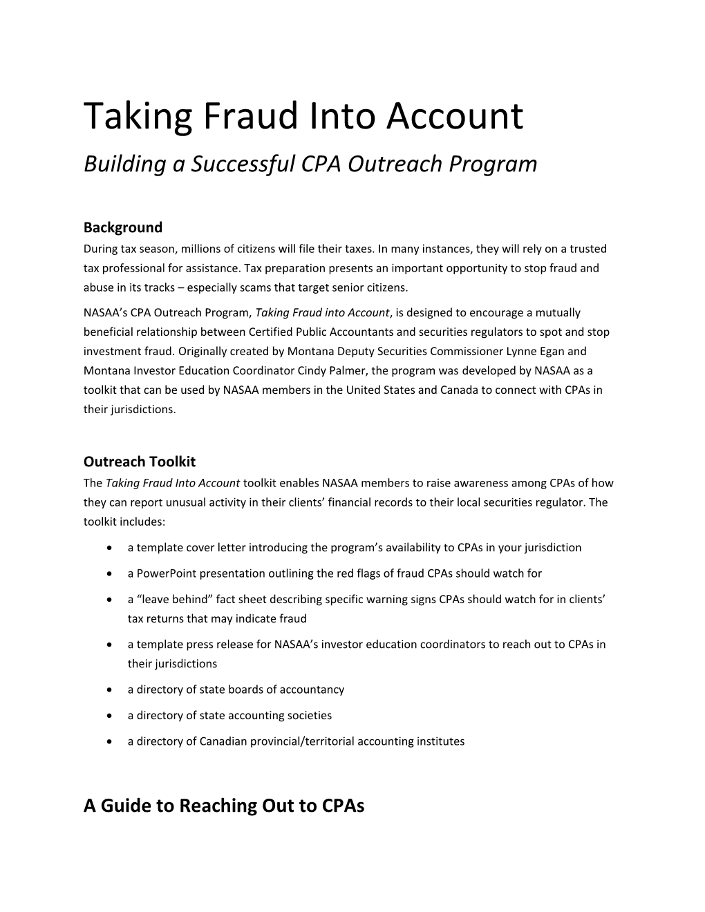 Taking Fraud Into Account Building a Successful CPA Outreach Program