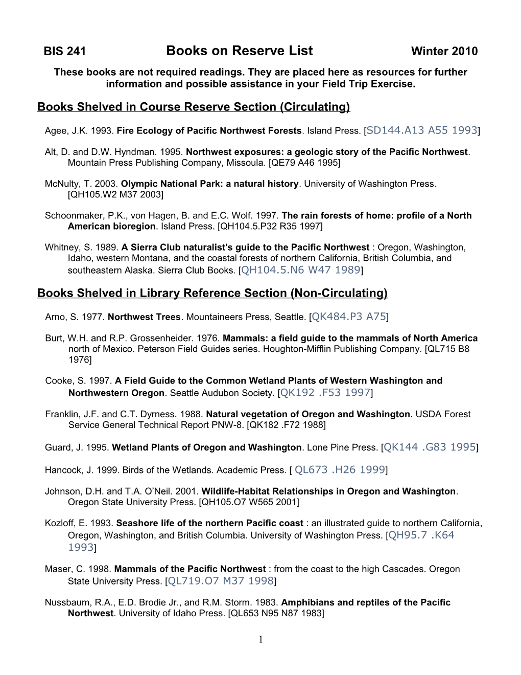 BIS 241Books on Reserve List Winter 2010