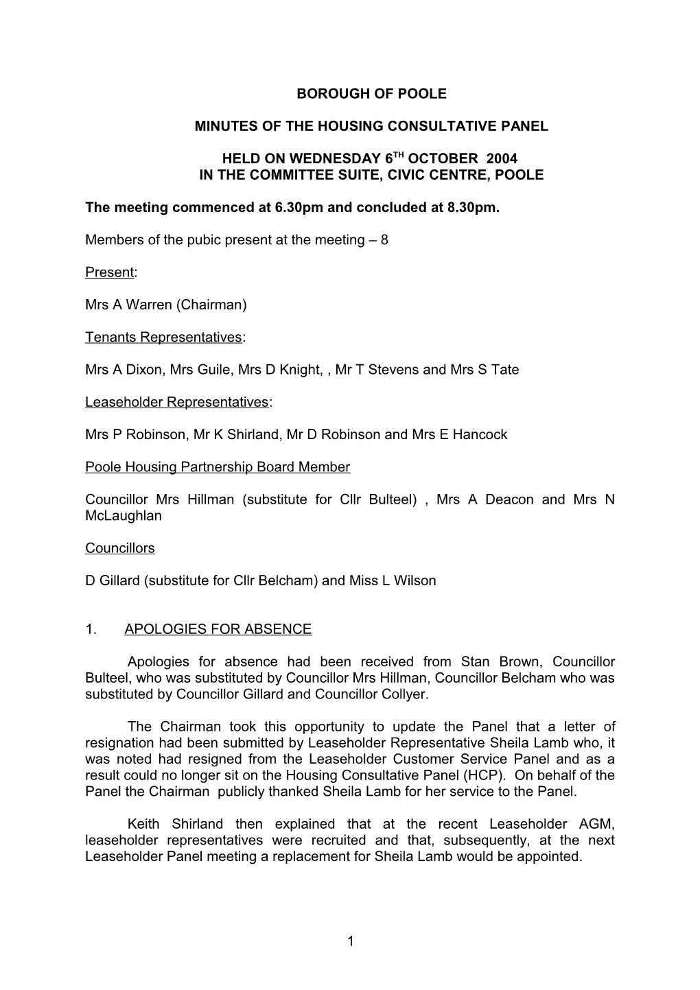 Minutes - Housing Consultative Panel - 6 October 2004