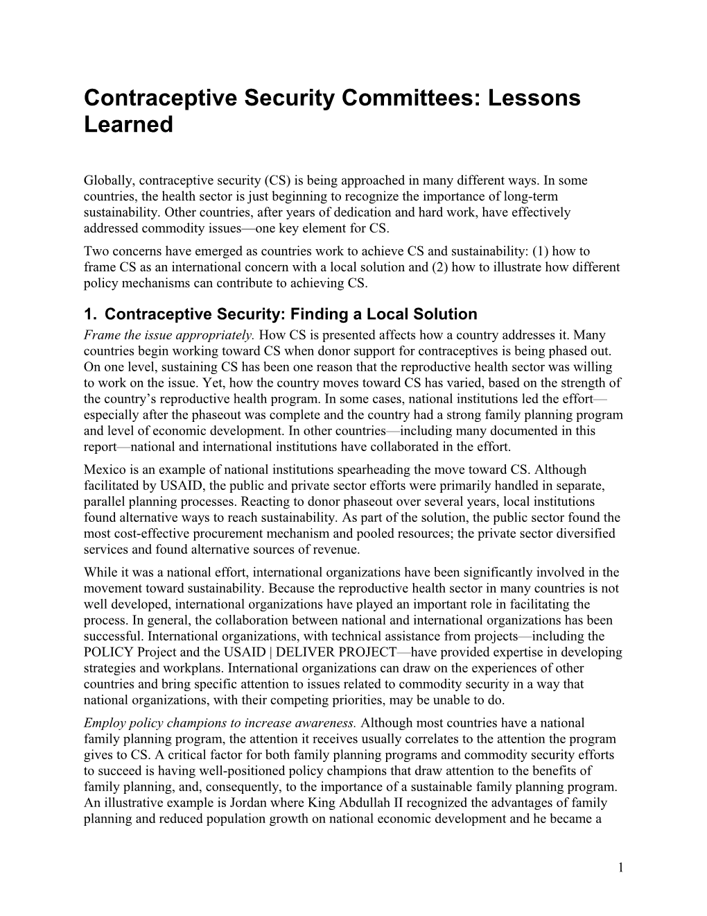 Contraceptive Security Committees:Lessons Learned
